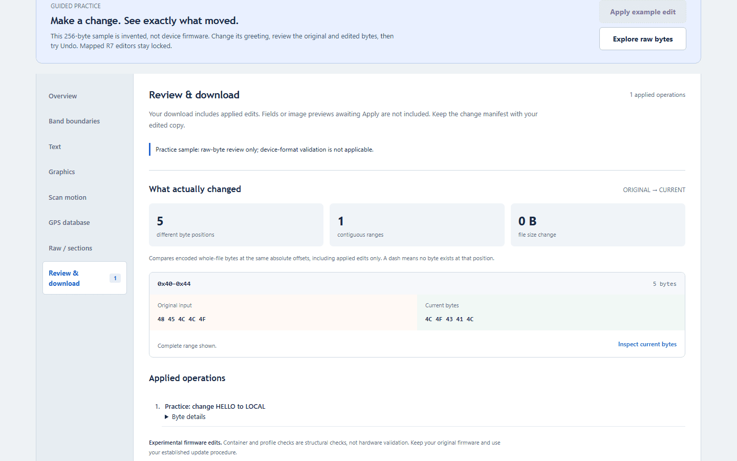 Firmware workbench interface with example inputs and results